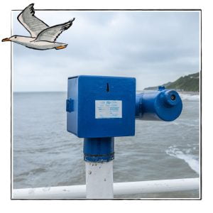 Image of a beach telescope in Norfolk, UK, framed with a sketch line and overlaid with a hand drawn image of a seagull