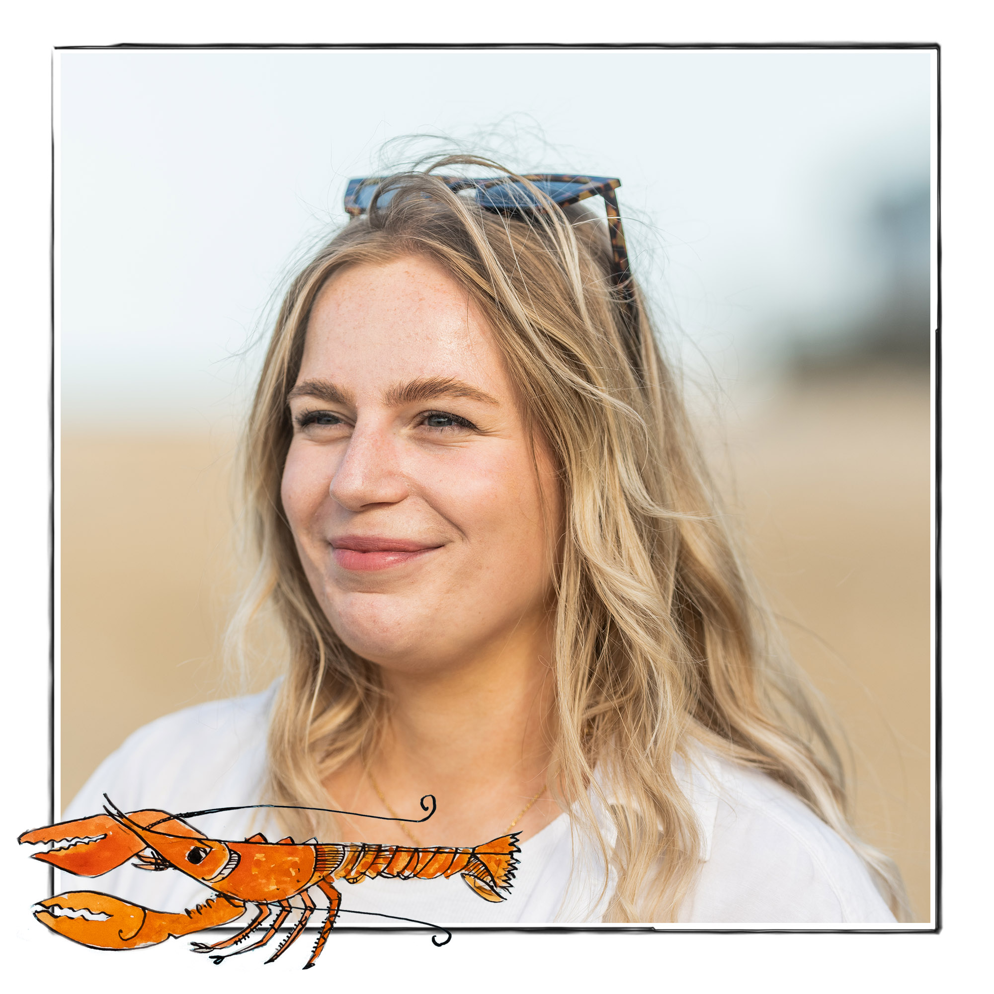 Image of a smiling woman against the background of a beach. It is framed by a sketch line and overlaid with a hand drawn image of a lobster