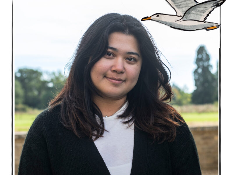 Image of a smiling woman against the background of fields and trees It is framed by a sketch line and overlaid with a hand drawn image of a seagull