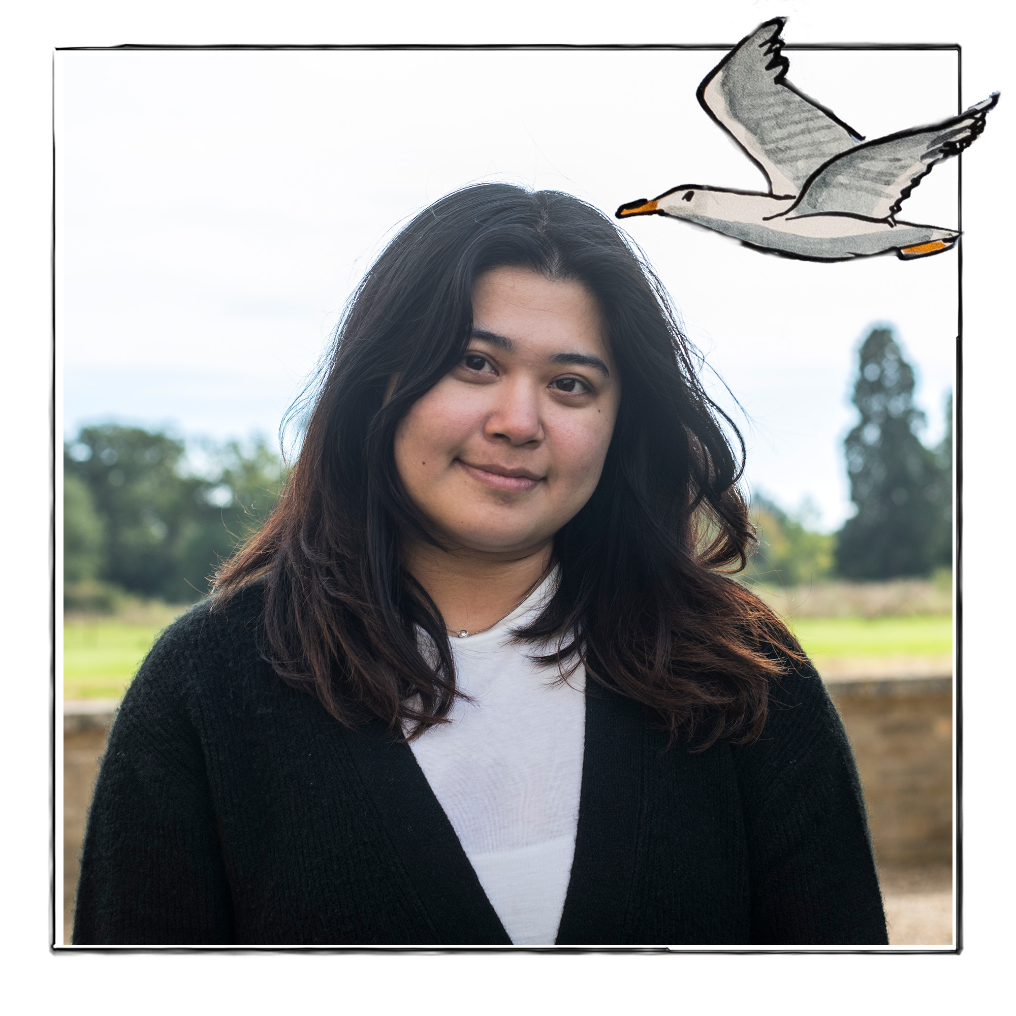 Image of a smiling woman against the background of fields and trees It is framed by a sketch line and overlaid with a hand drawn image of a seagull