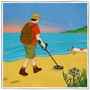 Illustration of someone using a metal detector on the beach