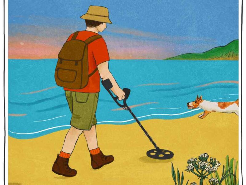 Illustration of someone using a metal detector on the beach