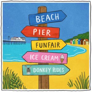 Illustration of beach sign pointing to different attractions