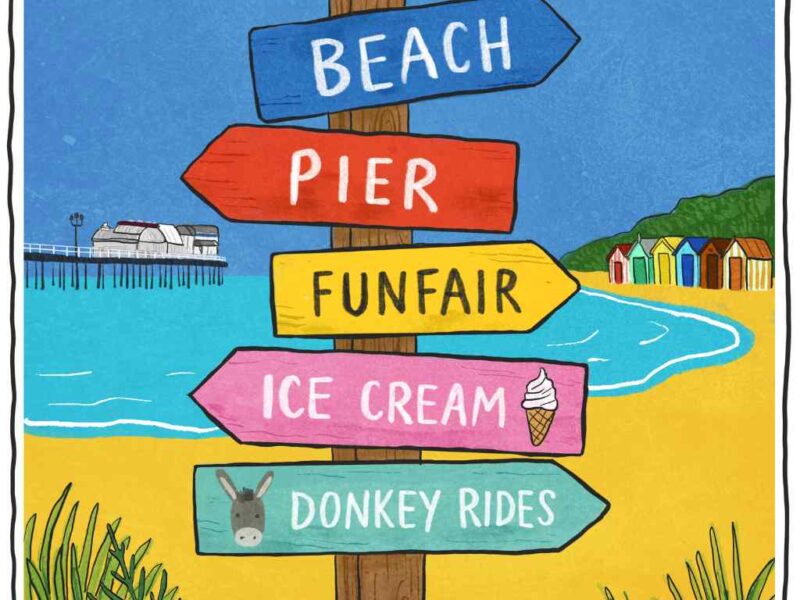 Illustration of beach sign pointing to different attractions