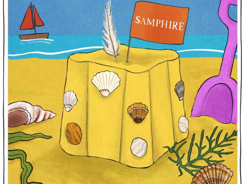 Illustration of a sandcastle with a samphire flag