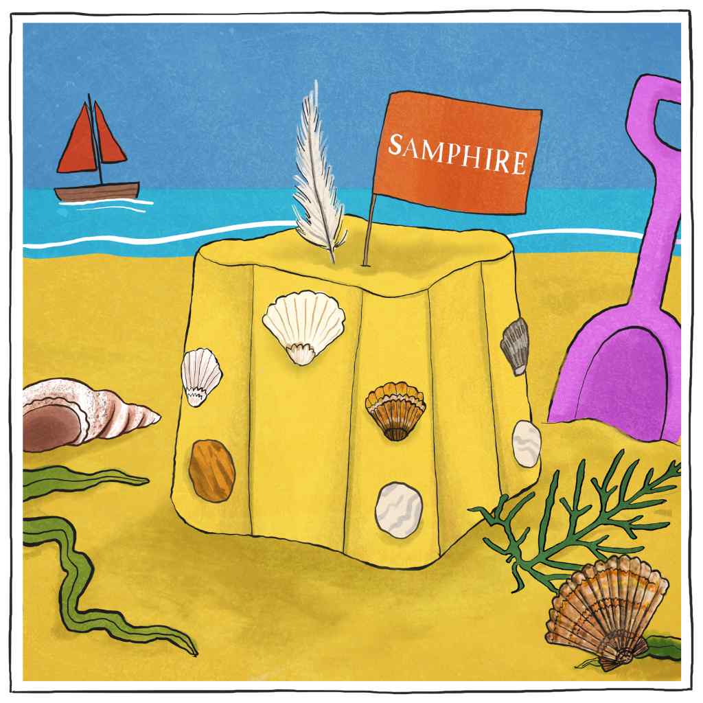 Illustration of a sandcastle with a samphire flag