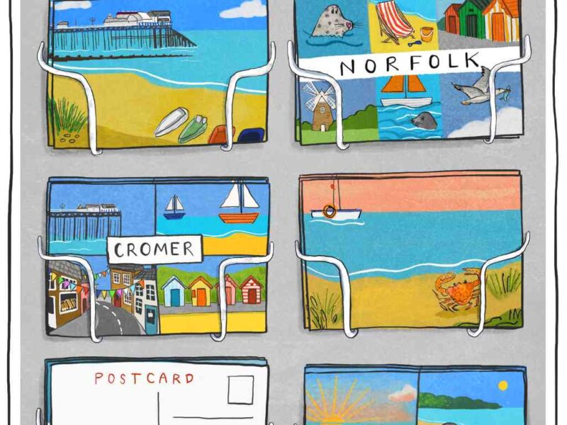 Illustration of beach themed postcards on a stand