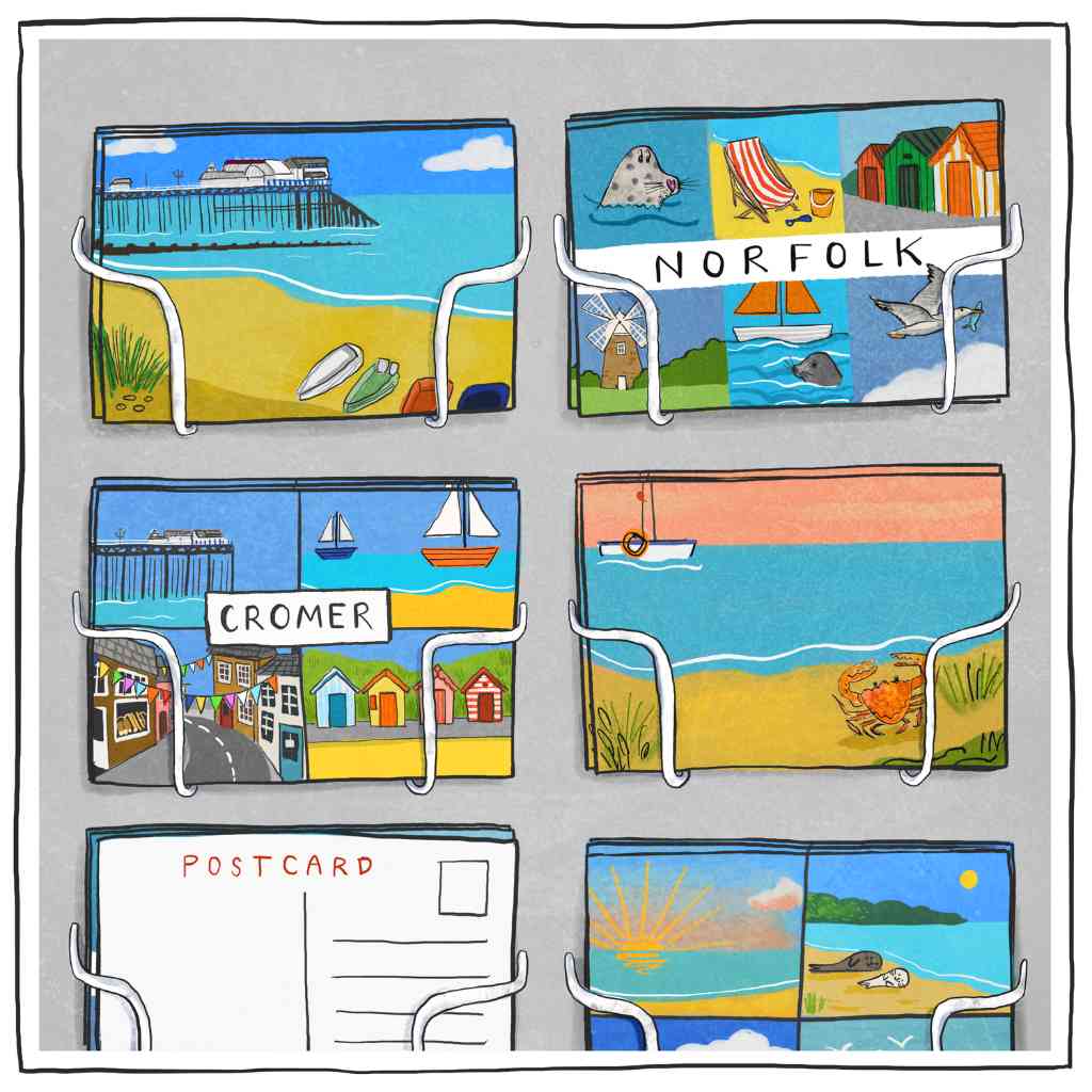 Illustration of beach themed postcards on a stand
