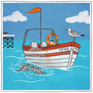 Illustration of a fishing boat on the sea