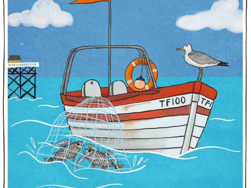Illustration of a fishing boat on the sea