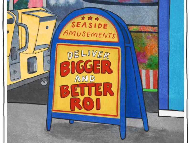 Illustration of an A board for seaside amusements