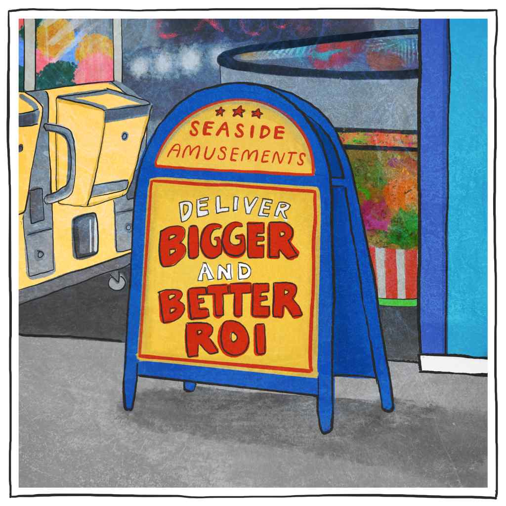 Illustration of an A board for seaside amusements