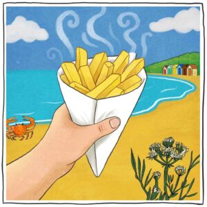 Illustration of someone holding fresh hot chips wrapped in paper
