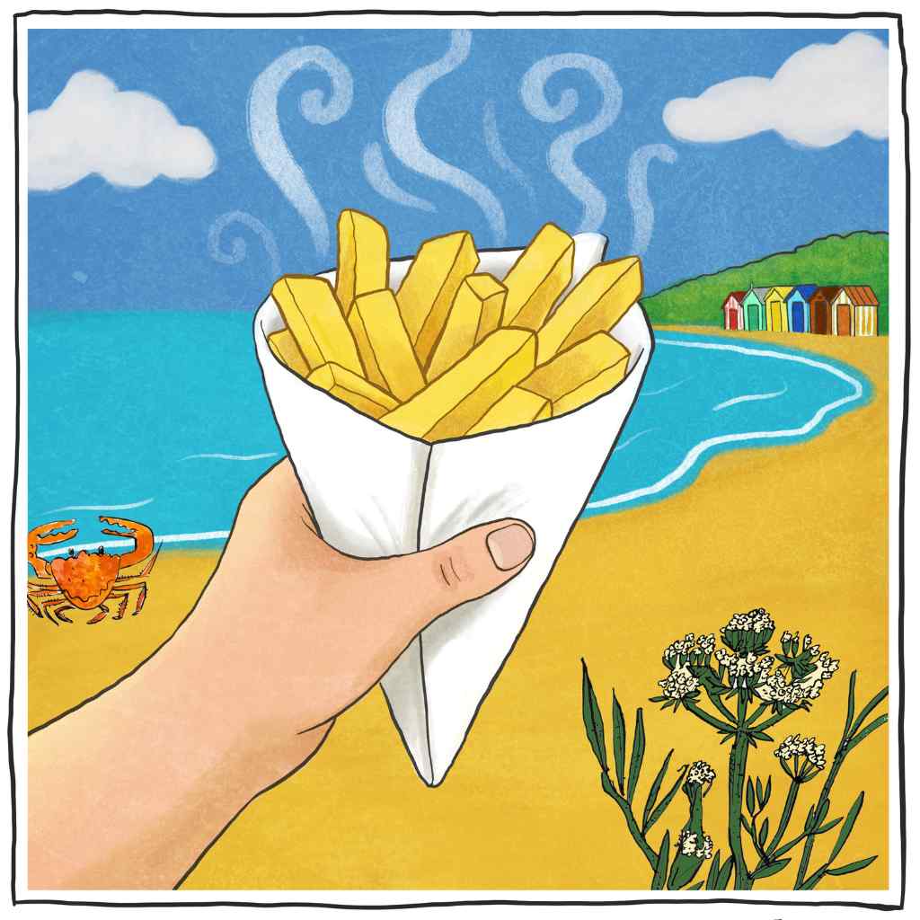 Illustration of someone holding fresh hot chips wrapped in paper