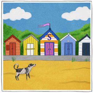 Illustration of beach huts with a dog in front