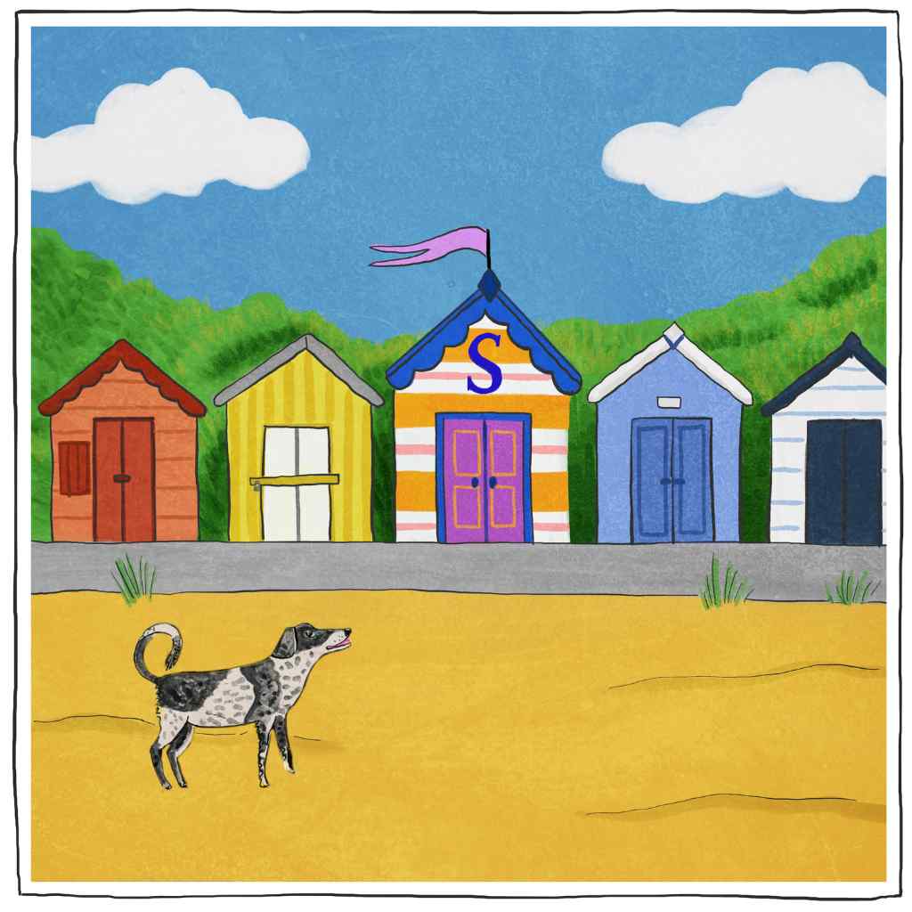 Illustration of beach huts with a dog in front