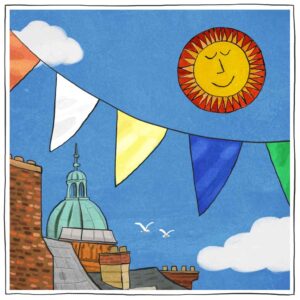 Illustration of Norwich buildings with bunting