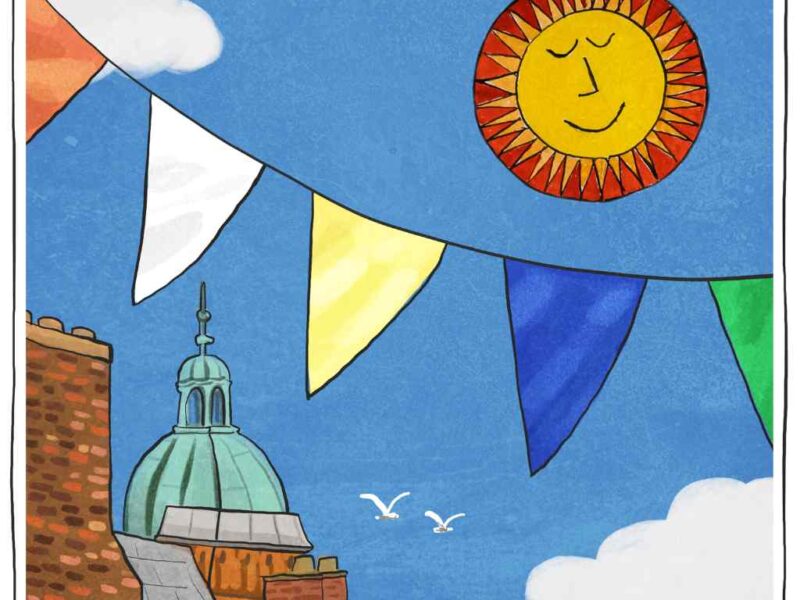 Illustration of Norwich buildings with bunting