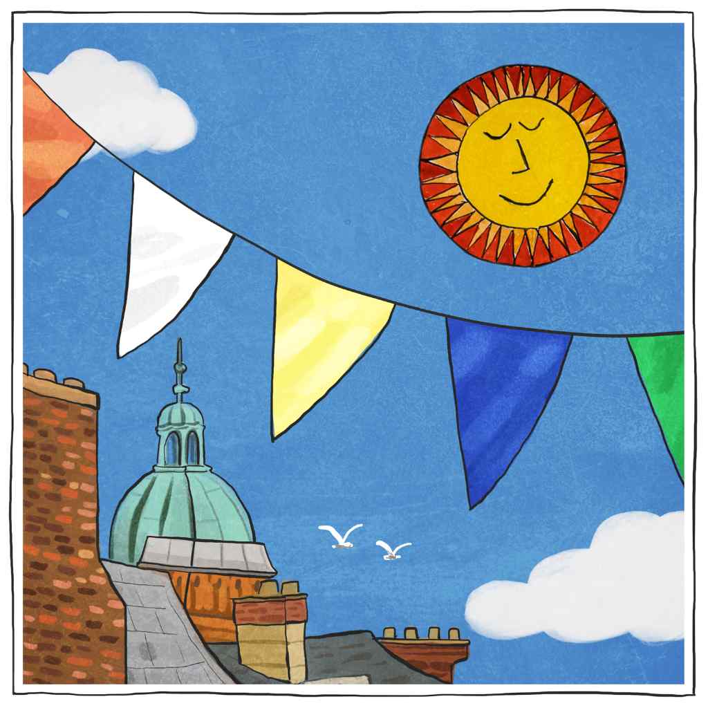 Illustration of Norwich buildings with bunting